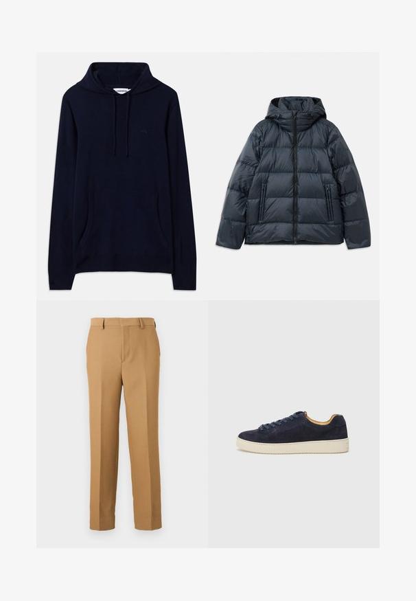 Casaco puffer azul marinho escuro com capuz, design acolchoado, fecho frontal com zíper e dois bolsos laterais com zíper; textura lisa e brilhante.; Sweatshirt com capuz azul-marinho, com bolso tipo canguru, punhos e barra canelados; feito de material macio com um detalhe discreto do logotipo no peito.; Calças de fato bege, feitas de um tecido entrelaçado, com corte straight, frente lisa e passantes para cinto. Textura suave sem padrões visíveis.; Sapatilha de camurça azul-marinho de cano baixo com biqueira arredondada, sola de borracha off-white e atacadores a condizer; apresenta um forro interior contrastante em tom de tan.