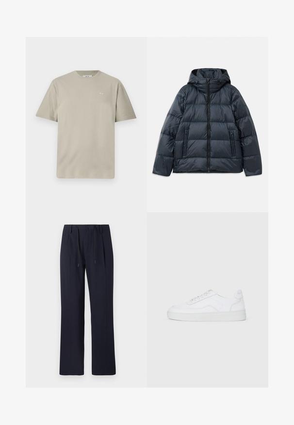 Dark navy puffer jacket with a hood, quilted design, front zip closure, and two zippered side pockets; smooth, glossy texture.; Light taupe cotton t-shirt with short sleeves, round neckline, and a small printed logo on the left chest area. Soft, smooth texture.; Navy blue trousers with a straight leg design, made from textured fabric. Features a front button closure and adjustable drawstring waist.; White low-top sneaker with lace-up front, smooth upper, and rubber sole on plain light background.