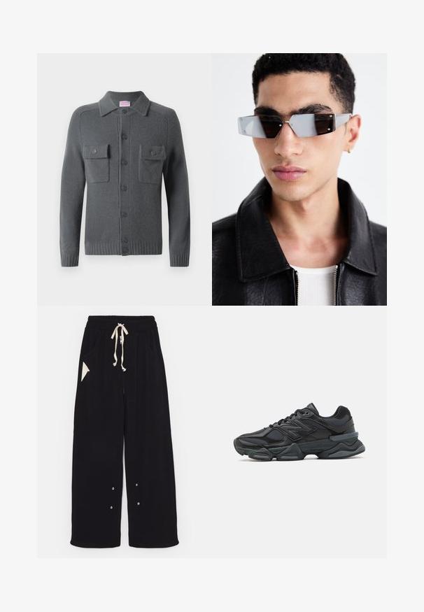 Melna bombers žaka ar īsu dizainu, platu apkakli, ribotiem manžetiem un sānu kabatu ar rāvējslēdzēju. Izgatavota no gludas, vieglas auduma.; Pelēks adīts kardigans ar pogu aizdari, divām krūšu kabatām un apkakles izgriezumu. Ribotās piedurknēm un apakšmalai. Mīksta tekstūra.; Balts kokvilnas īsroku krekls ar apaļu kakla izgriezumu un brīvu pieguvi. Bez redzamām rakstu vai akcentiem. Vienkāršs dizains.; Melni plati bikses, izgatavotas no mīksta auduma, ar aukliņu viduklī, sānu kabatām un trīsstūrveida akcenta kabatu. Iekļautas sudraba detaļas.; Melna skriešanas apavi ar jauktu acu audumu un sintētiskiem materiāliem, masīvu zoli, izliekta dizaina elementiem un izteiktu zīmola logotipu uz sāniem.; Stūrainas pelēkā toņa saulesbrilles ar sudraba detaļām, novietotas uz gaiša fona. Lēcas ir ar unikālu ģeometrisku formu.