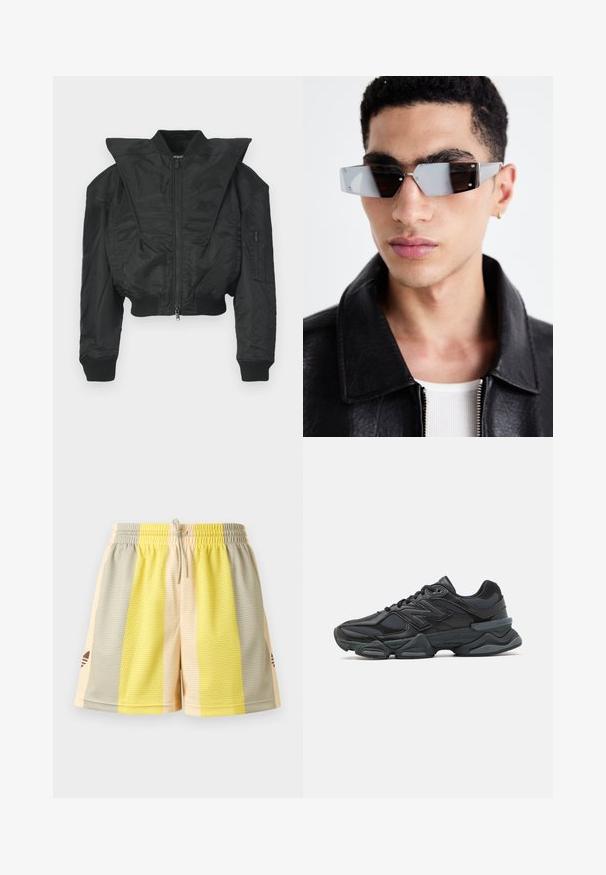 Čierna bomber bunda s krátkym strihom, širokým golierom, rebrovanými manžetami a zipsovou bočnou vreckom. Vyrobená z hladkej, ľahkej látky.; Čierna mikina s kapucňou, predným vreckom typu klokanka, sťahovacou kapucňou a krátkymi rukávmi s predĺženými dizajnovými prvkami. Vyrobená z mäkkej, textúrovanej tkaniny.; Sieťované športové šortky s pasom na šnúrku, ktoré majú vertikálne pruhy v žltej, béžovej a šedej farbe a malé hnedé brandingové akcenty.; Čierna bežecká obuv so zmesou sieťoviny a syntetických materiálov, robustnou podrážkou, zakriveným dizajnom a výrazným logom na boku.; Uhly šedé slnečné okuliare s striebornými prvkami na svetlom pozadí. Šošovky majú jedinečný geometrický tvar.