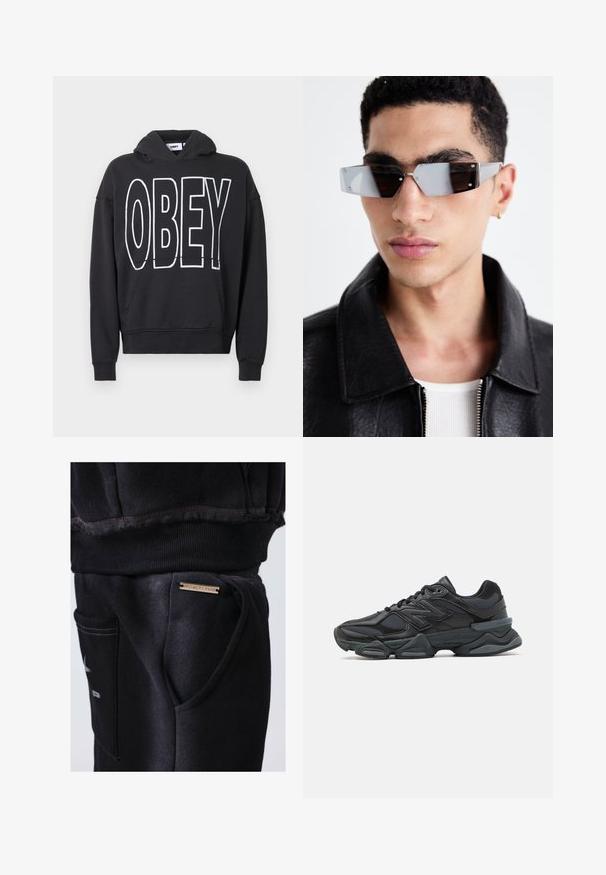 Giacca bomber nera con design corto, collo ampio, polsini a coste e tasca laterale con zip. Realizzata in tessuto liscio e leggero.; Felpa nera in cotone, con un grande logo bianco "OBEY" sul davanti, tasca a marsupio e polsini e orlo a coste.; T-shirt nero a maniche corte in cotone, con scollatura rotonda e vestibilità comoda. Texture liscia con dettagli di cucitura minimi.; Primo piano di una tasca dei pantaloni della tuta neri con un'etichetta metallica che legge "PROJECT X PARIS" e il bordo a coste del capo abbinato sopra.; Scarpa da corsa nera con una combinazione di materiali in rete e sintetici, suola spessa, design curvo e marchio ben visibile sul lato.; Occhiali da sole angolari con tonalità grigia e hardware in argento, su uno sfondo chiaro. Le lenti presentano una forma geometrica unica.