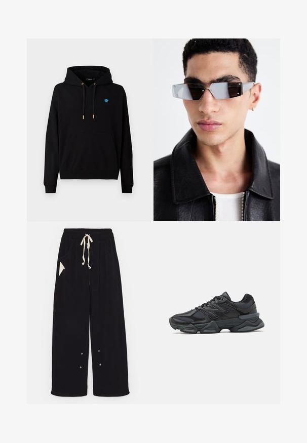 Juoda bomber tipo striukė su trumpintu siluetu, plačia apykakle, ribbinguotais rankogaliais ir užtrauktuku užsegama šonine kišene. Pagaminta iš glotnaus, lengvo audinio.; Juodas megztinis, pagamintas iš medvilnės mišinio, turi priekinę kišenę-kangūrą, raištelius su auksiniais antgaliais ir mažą mėlyną logotipą ant krūtinės.; Juodos plačios kelnės, pagamintos iš minkštos medžiagos, su raišteliu juosmeniui, šoninėmis kišenėmis ir trikampiu akcentu kišeniu. Įtraukti sidabriniai detalės.; Juodas bėgimo batelis, pagamintas iš tinklinės ir sintetinės medžiagos, turintis stambų pado dizainą, kreivą formą ir ryškią prekės ženklą šone.; Kampinis pilkai tonuoti akiniai nuo saulės su sidabrinėmis detalėmis, prieš šviesų foną. Lęšiai turi unikalią geometrinę formą.