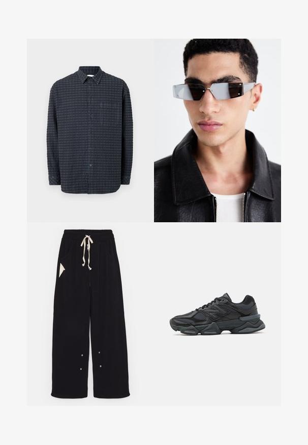 Fekete bombázó dzseki rövidített szabással, széles gallérral, bordázott mandzsettákkal és cipzáras oldalzsebbel. Simább, könnyű anyagból készült.; Sötétkék gombos ing, texturált négyzetrács mintával, hosszú ujjakkal, gallérral és mellzsebbel, megegyező színű gombokkal.; Fekete, rövid ujjú pamut póló, kerek nyakú és laza szabású. Simaság jellemzi, minimális varrási részletekkel.; Fekete, bő szárú nadrág puha anyagból, húzózsinórral a deréknál, oldalsó zsebekkel és háromszög alakú díszítőzsebbel. Ezüst hardware részletek.; Fekete futócipő, mely háló és szintetikus anyagok keverékéből készült, vastag talppal, ívelt kialakítással és hangsúlyos logóval az oldalon.; Szögletes, szürke árnyalatú napszemüveg ezüst díszítéssel, világos háttér előtt. A lencsék egyedi geometrikus formával rendelkeznek.