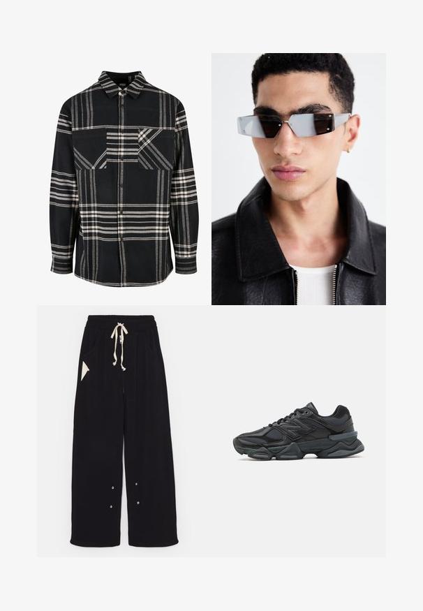 Giacca bomber nera con design corto, collo ampio, polsini a coste e tasca laterale con zip. Realizzata in tessuto liscio e leggero.; Camicia in flanella a scacchi bianco e nero con colletto, chiusura a bottoni e due tasche frontali. Presenta motivi diagonali e un tessuto testurizzato.; Pantaloni neri a gamba larga realizzati in un morbido tessuto, con vita regolabile tramite cordino, tasche laterali e una tasca accentuata triangolare. Include dettagli in hardware argentato.; Scarpa da corsa nera con una combinazione di materiali in rete e sintetici, suola spessa, design curvo e marchio ben visibile sul lato.; Occhiali da sole angolari con tonalità grigia e hardware in argento, su uno sfondo chiaro. Le lenti presentano una forma geometrica unica.