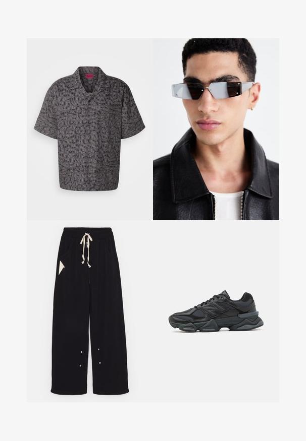 Giacca bomber nera con design corto, collo ampio, polsini a coste e tasca laterale con zip. Realizzata in tessuto liscio e leggero.; Camicia a maniche corte in tessuto grigio scuro con un motivo ripetitivo della parola "Hugo" in diverse dimensioni e tonalità. Chiusura frontale con bottoni.; Pantaloni neri a gamba larga realizzati in un morbido tessuto, con vita regolabile tramite cordino, tasche laterali e una tasca accentuata triangolare. Include dettagli in hardware argentato.; Scarpa da corsa nera con una combinazione di materiali in rete e sintetici, suola spessa, design curvo e marchio ben visibile sul lato.; Occhiali da sole angolari con tonalità grigia e hardware in argento, su uno sfondo chiaro. Le lenti presentano una forma geometrica unica.