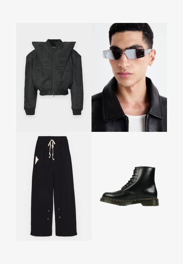 Giacca bomber nera con design corto, collo ampio, polsini a coste e tasca laterale con zip. Realizzata in tessuto liscio e leggero.; T-shirt nero a maniche corte in cotone, con scollatura rotonda e vestibilità comoda. Texture liscia con dettagli di cucitura minimi.; Pantaloni neri a gamba larga realizzati in un morbido tessuto, con vita regolabile tramite cordino, tasche laterali e una tasca accentuata triangolare. Include dettagli in hardware argentato.; Stivaletto in pelle nera con punta rotonda, cuciture gialle, sei occhielli metallici e una suola robusta. Texture liscia con dettagli minimi.; Occhiali da sole angolari con tonalità grigia e hardware in argento, su uno sfondo chiaro. Le lenti presentano una forma geometrica unica.