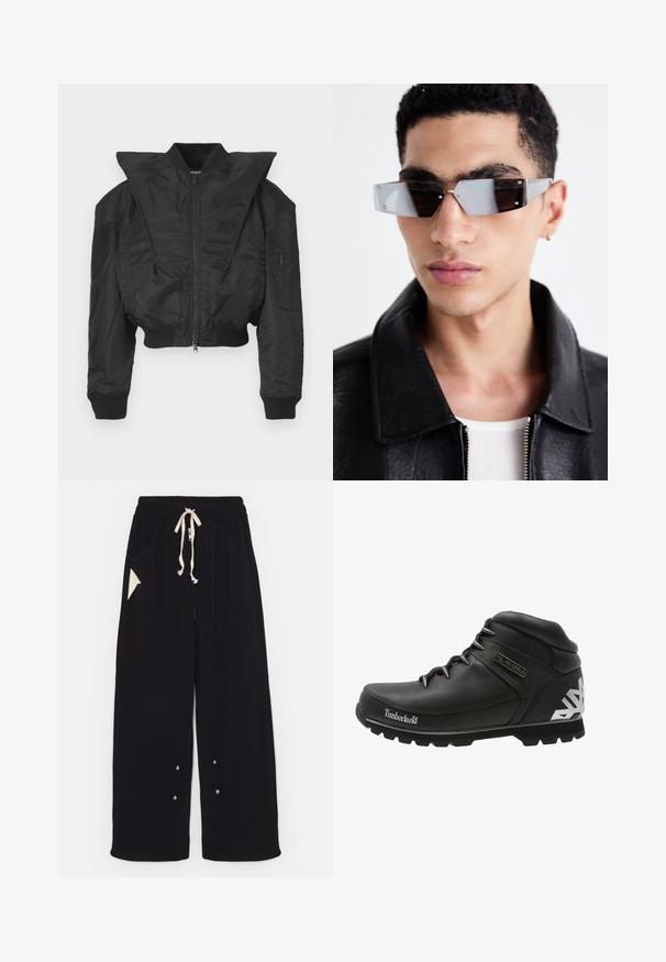 Černá bomber bunda s krátkým střihem, širokým límcem, žebrovanými manžetami a kapsou na zip na boku. Vyrobena z hladké, lehké tkaniny.; Černé tričko s krátkým rukávem vyrobené z bavlny, s kulatým výstřihem a volným střihem. Hladká textura s minimálními švy.; Černé široké kalhoty vyrobené z měkké tkaniny, které mají stahovací pas, boční kapsy a trojúhelníkovou kapsu. Součástí jsou detaily ze stříbrného kovu.; Černé turistické boty s texturovaným koženým svrškem, gumovými podrážkami a kovovými očky. Výrazný bílý geometrický design na patě. Viditelné branding Timberland.; Avenované sluneční brýle se šedým nádechem a stříbrnými doplňky, umístěné na světlém pozadí. Skla mají jedinečný geometrický tvar.