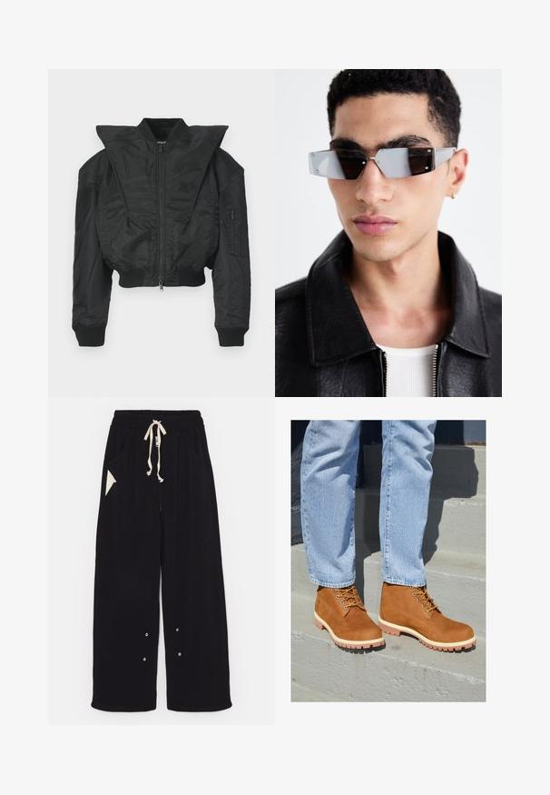 Čierna bomber bunda s krátkym strihom, širokým golierom, rebrovanými manžetami a zipsovou bočnou vreckom. Vyrobená z hladkej, ľahkej látky.; Čierne krátke tričko s krátkym rukávom vyrobené z bavlny, s obojstranným výstrihom a voľným strihom. Hladká textúra s minimálnymi švovými detailmi.; Čierne široké nohavice vyrobené z mäkkej látky s elastickým pásom, bočnými vreckami a trojuholníkovým akcentom. Obsahuje detaily zo strieborného kovu.; Hnedé semišové členkové topánky so žltými šnúrkami a bielymi podrážkami, ktoré majú drsný vzor, nosené s svetlomodrými džínsami na schodoch.; Uhly šedé slnečné okuliare s striebornými prvkami na svetlom pozadí. Šošovky majú jedinečný geometrický tvar.