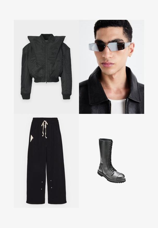 Giacca bomber nera con design corto, collo ampio, polsini a coste e tasca laterale con zip. Realizzata in tessuto liscio e leggero.; T-shirt nero a maniche corte in cotone, con scollatura rotonda e vestibilità comoda. Texture liscia con dettagli di cucitura minimi.; Pantaloni neri a gamba larga realizzati in un morbido tessuto, con vita regolabile tramite cordino, tasche laterali e una tasca accentuata triangolare. Include dettagli in hardware argentato.; Stivali da combattimento in pelle nera, con lacci, alto gambale, punta rotonda, colletto imbottito e suola in gomma texturizzata per una migliore aderenza.; Occhiali da sole angolari con tonalità grigia e hardware in argento, su uno sfondo chiaro. Le lenti presentano una forma geometrica unica.