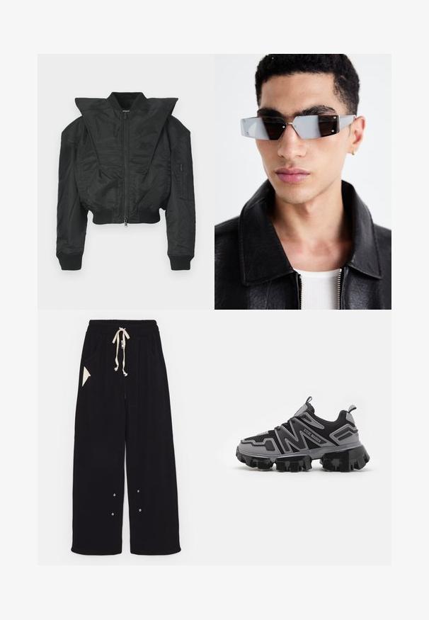 Veste bomber noire au design court, col large, poignets côtelés et poche zippée sur le côté. Fabriquée en tissu lisse et léger.; T-shirt noir à manches courtes en coton, avec un col rond et une coupe décontractée. Texture lisse avec des détails de couture minimalistes.; Pantalons larges noirs en tissu doux avec une taille à cordon, poches latérales et une poche d'accent en forme de triangle. Détails en métal argenté inclus.; Steve Madden PRIVE - Baskets basses - light grey; Lunettes de soleil grises angulaires avec des détails en argent, sur un fond clair. Les verres présentent une forme géométrique unique.