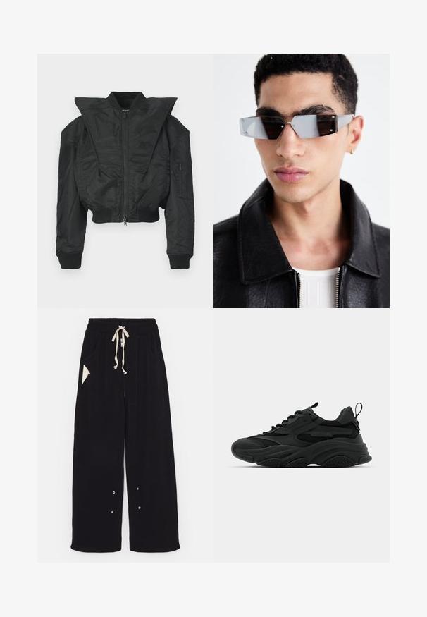 Černá bomber bunda s krátkým střihem, širokým límcem, žebrovanými manžetami a kapsou na zip na boku. Vyrobena z hladké, lehké tkaniny.; Černé tričko s krátkým rukávem vyrobené z bavlny, s kulatým výstřihem a volným střihem. Hladká textura s minimálními švy.; Černé široké kalhoty vyrobené z měkké tkaniny, které mají stahovací pas, boční kapsy a trojúhelníkovou kapsu. Součástí jsou detaily ze stříbrného kovu.; Černé sportovní tenisky s masivní podrážkou, síťovanými panely a gumovými detaily. Obsahují poutko na patě a texturované vzory.; Avenované sluneční brýle se šedým nádechem a stříbrnými doplňky, umístěné na světlém pozadí. Skla mají jedinečný geometrický tvar.