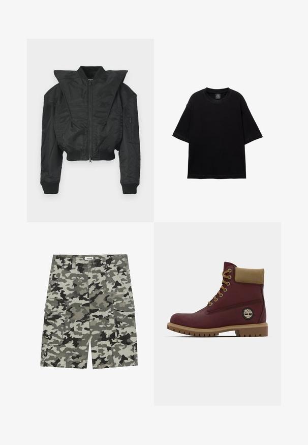 Crna bomber jakna s krojenim dizajnom, širokim ovratnikom, rebrastim manžetama i bočnim džepom sa zatvaračem. Izrađena od glatkog, laganog materijala.; Crna kratka majica s kratkim rukavima od pamuka, s okruglim izrezom i ležernim krojem. Glatka tekstura s minimalnim detaljima šivanja.; Kratke hlace u kamuflažnom uzoraku u nijansama sive i zelene, s višestrukim džepovima, zatvaranjem na gumb i čvrstom teksturom tkanine.; Burgundske gležnjače s smešnim akcentima, obloženim okovratnikom i gumenim dnom s teksturiranim uzorkom. Logo oznaka na strani.
