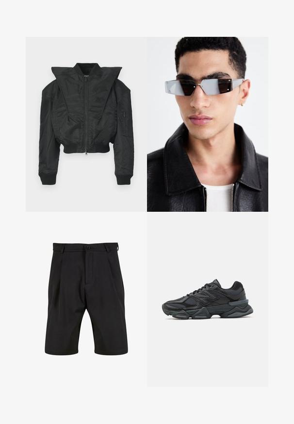 Giacca bomber nera con design corto, collo ampio, polsini a coste e tasca laterale con zip. Realizzata in tessuto liscio e leggero.; T-shirt nero a maniche corte in cotone, con scollatura rotonda e vestibilità comoda. Texture liscia con dettagli di cucitura minimi.; Pantaloni corti neri realizzati in un tessuto liscio con un design su misura, dotati di chiusura con bottone frontale, pieghe e tasche laterali.; Scarpa da corsa nera con una combinazione di materiali in rete e sintetici, suola spessa, design curvo e marchio ben visibile sul lato.; Occhiali da sole angolari con tonalità grigia e hardware in argento, su uno sfondo chiaro. Le lenti presentano una forma geometrica unica.