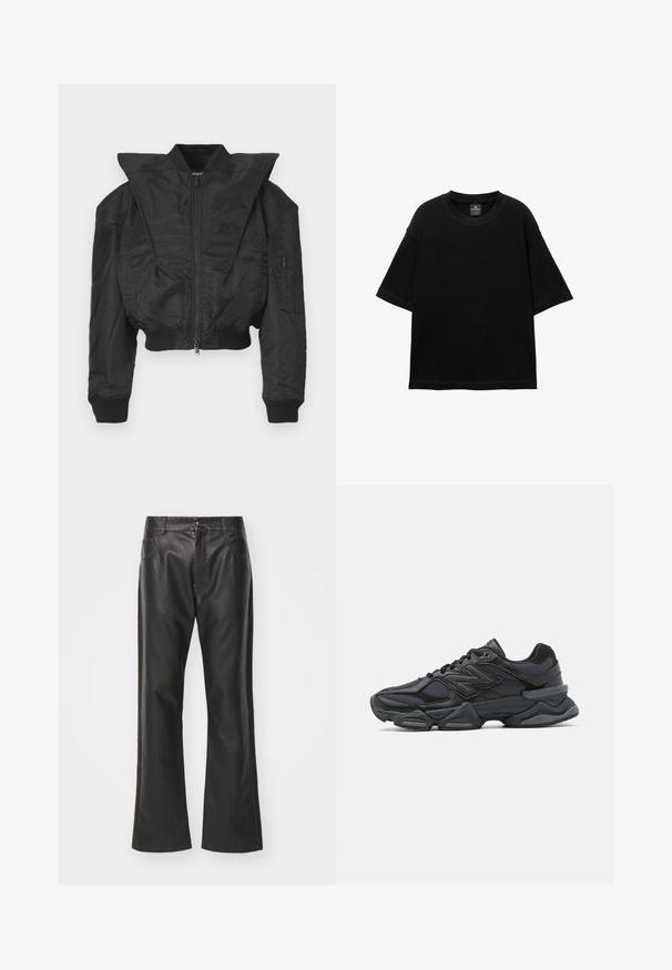 Sort bomberjakke med cropped design, bred krave, ribbet manchetter og lynlåslomme på siden. Fremstillet af glat, let stof.; Sort kortærmet T-shirt lavet af bomuld med rund hals og afslappet pasform. Glat tekstur med minimale syningsdetaljer.; Sorte læderbukser med høj talje, lige ben silhuet og frontlommer. Har en knaplukning og en subtil glans.; Sorte løbesko med en blanding af mesh og syntetiske materialer, kraftig sål, buet design og fremtrædende branding på siden.