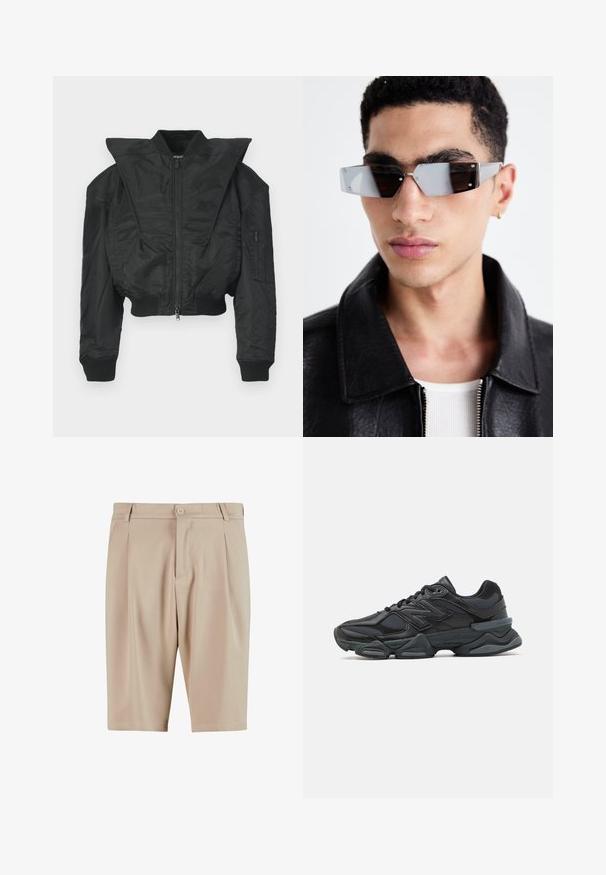 Czarna kurtka bomberka o skróconym kroju, szerokim kołnierzu, ściągaczowych mankietach i zapinana na zamek kieszeń boczna. Wykonana z gładkiej, lekkiej tkaniny.; Czarny T-shirt z krótkim rękawem wykonany z bawełny, z okrągłym dekoltem i luźnym krojem. Gładka faktura z minimalnymi detalami przeszycia.; Beżowe krótkie spodenki o kroju tapered z plisami, z zapięciem na guzik i klasycznym fasonem. Gładka tekstura, długość do kolan i brak widocznych kieszeni.; Czarne buty biegowe z mieszanką siateczki i materiałów syntetycznych, masywną podeszwą, opływowym kształtem oraz wyraźnym brandingiem z boku.; Kątowe, szare okulary przeciwsłoneczne z metalowymi elementami w kolorze srebrnym, na jasnym tle. Soczewki mają unikalny, geometryczny kształt.