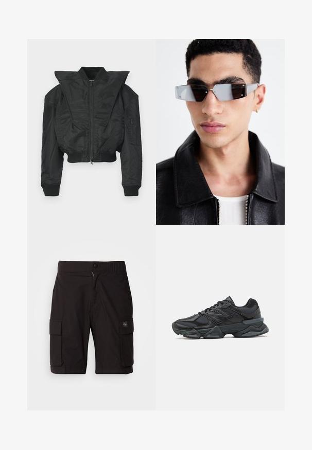 Črna bombažna jakna s krajšim krojem, širokim ovratnikom, rebrastimi manšetami in žepom na zadrgo na strani. Iz gladkega, lahkega blaga.; Črno kratko majico s kratkimi rokavi iz bombaža, z okroglo ovratnico in sproščenim krojem. Gladka tekstura z minimalnimi detajli šivanja.; Črne cargo kratke hlače iz lahkega materiala. Imajo gumb in zadrgo, dve stranski cargo žepi ter šivano detajliranje.; Črne tekaške superge, ki združujejo mrežaste in sintetične materiale, imajo debel podplat, ukrivljen oblikovni slog ter izrazito blagovno znamko na strani.; Angularne sončne očala s sivim tonom in srebrnim okovjem, postavljena na svetli podlagi. Leče imajo edinstveno geometrijsko obliko.