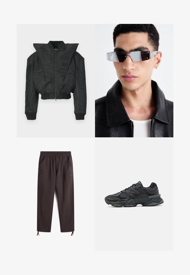 Schwarze Bomberjacke mit kurzem Schnitt, weitem Kragen, gerippten Bündchen und seitlicher Reißverschlusstasche. Hergestellt aus glattem, leichtem Stoff.; Schwarzes T-Shirt mit kurzen Ärmeln aus Baumwolle, mit Rundhalsausschnitt und lockerer Passform. Glatte Textur mit minimalen Nähten.; Dunkelbraune, leichte Hosen mit elastischem Bund, zwei Seitentaschen, schmal zulaufenden Beinen und verstellbaren Kordelzügen an den Bündchen.; Schwarzer Laufschuh mit einer Mischung aus Mesh- und sinthetischen Materialien, dicke Sohle, geschwungenes Design und auffälliger Markenkennzeichnung an der Seite.; Eckige, grau getönte Sonnenbrillen mit silberner Hardware, vor einem hellen Hintergrund. Die Gläser weisen eine einzigartige geometrische Form auf.