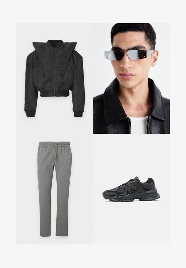 Svart bomberjacka med kort design, bred krage, ribbade muddar och blixtlåsförsedd sidoficka. Tillverkad av slät, lätt tyg.; Svart kortärmad T-shirt i bomull med rund halsringning och avslappnad passform. Slät textur med minimala sömnadsdetaljer.; Grå, avsmalnande byxor gjorda av textil med struktur. Har en elastisk midja med dragsko, inga fickor och en slät yta.; Svart löparsko med en kombination av mesh och syntetiska material, kraftig sula, rundad design och framträdande varumärkning på sidan.; Vinklade gråtonade solglasögon med silverdetaljer, på en ljus bakgrund. Linserna har en unik geometrisk form.