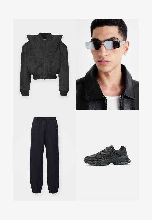 Zwarte bomberjas met een cropped ontwerp, brede kraag, geribbelde boorden en een ritssluiting aan de zijkant. Gemaakt van glad, lichtgewicht materiaal.; Zwarte T-shirt met korte mouwen, gemaakt van katoen, met een ronde halslijn en een ontspannen pasvorm. Gladde textuur met minimale stikdetails.; Zwarte sweatpants van zachte stof, met een elastische tailleband met een koord, cuffs aan de onderkant en decoratieve gestikte naden.; Zwarte hardloopschoen met een mix van mesh en synthetische materialen, een stevige zool, gebogen ontwerp en prominente branding op de zijkant.; Hoekige, grijsgetinte zonnebril met zilveren accenten, tegen een lichte achtergrond. De lenzen hebben een unieke geometrische vorm.