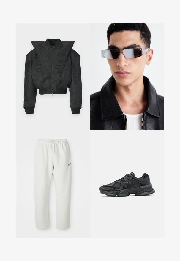Mustapukuinen bomber-takki, jossa on lyhyt leikkaus, leveä kaulus, resorit hihansuissa ja vetoketjullinen sivutasku. Valmistettu sileästä, kevyestä kankaasta.; Lyhythihainen musta t-paita puuvillasta, jossa on pyöreä kaula-aukko ja rento mitoitus. Sileä pinta, jossa on vain vähän ommel yksityiskohtia.; Vaaleanharmaat collegehousut, jotka on valmistettu pehmeästä kankaasta. Niissä on elastinen vyötärö, jossa on nyöri, ja pieni logoyksityiskohta vasemmalla reidellä.; Musta juoksukenkä, jossa on yhdistelmä verkko- ja synteettisiä materiaaleja, paksu pohja, kaareva muotoilu ja näkyvä brändäys sivussa.; Kuluneet harmaan sävyiset aurinkolasit, joissa on hopeiset yksityiskohdat, vaaleaa taustaa vasten. Linssit ovat ainutlaatuisen geometrisen muotoiset.