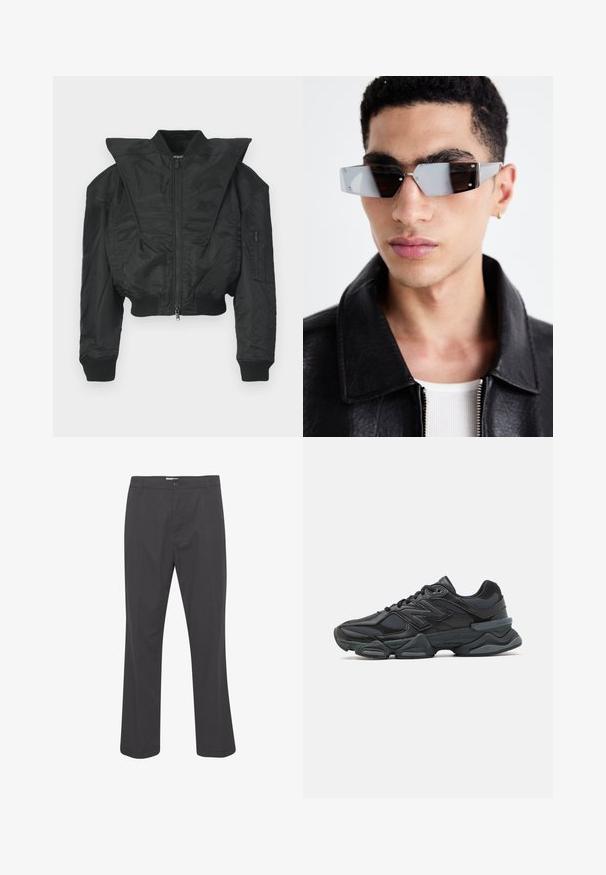 Svart bomberjacka med kort design, bred krage, ribbade muddar och blixtlåsförsedd sidoficka. Tillverkad av slät, lätt tyg.; Svart kortärmad T-shirt i bomull med rund halsringning och avslappnad passform. Slät textur med minimala sömnadsdetaljer.; Svarta byxor med rak bendesign, tillverkade av vävt tyg. Har en framknäppning med knapp och standard bältesömmar.; Svart löparsko med en kombination av mesh och syntetiska material, kraftig sula, rundad design och framträdande varumärkning på sidan.; Vinklade gråtonade solglasögon med silverdetaljer, på en ljus bakgrund. Linserna har en unik geometrisk form.