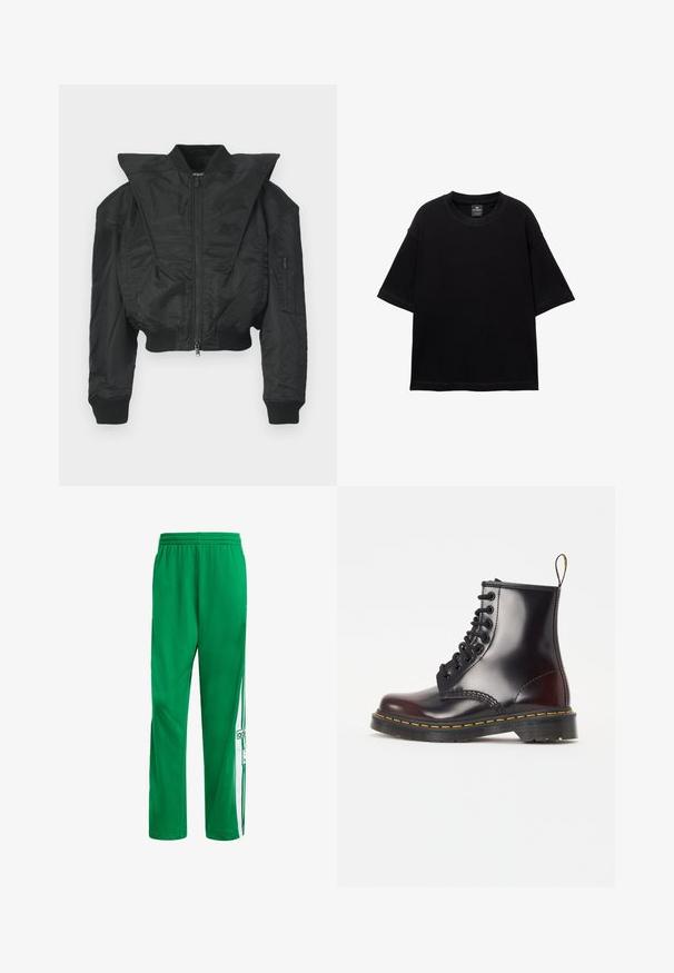 Svart bomberjacka med kort design, bred krage, ribbade muddar och blixtlåsförsedd sidoficka. Tillverkad av slät, lätt tyg.; Svart kortärmad T-shirt i bomull med rund halsringning och avslappnad passform. Slät textur med minimala sömnadsdetaljer.; Gröna träningsbyxor i slät tyg, med vita sidodetaljer och en Adidas-logotyp. Elastisk midja för komfort.; Svart läderankelboot med en glänsande finish, rund tå, sju ögla snörningsdesign och distinkt gul söm längs sulan.