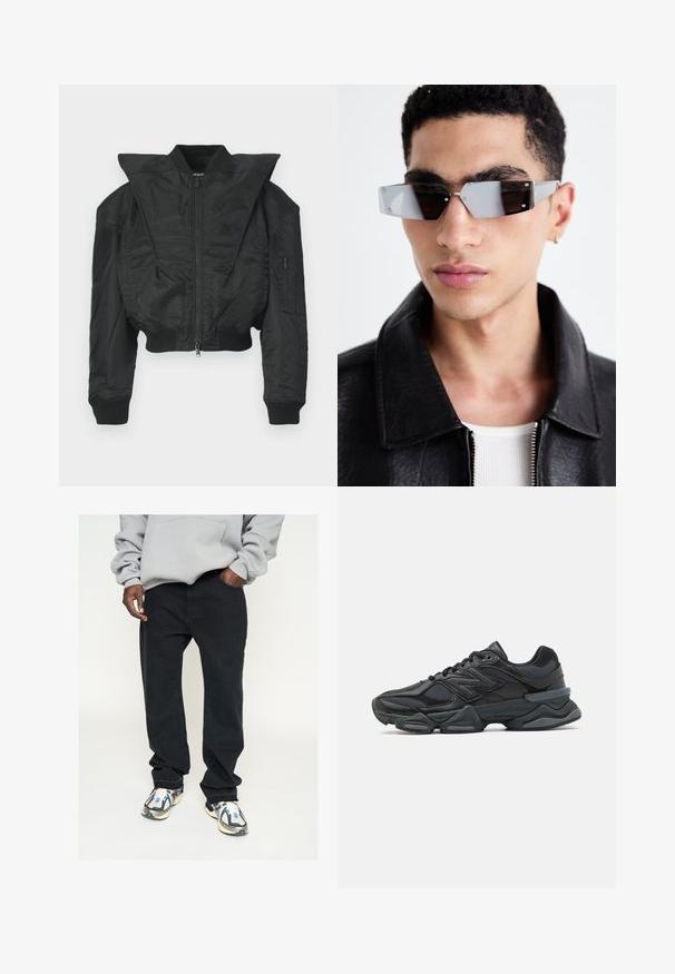Čierna bomber bunda s krátkym strihom, širokým golierom, rebrovanými manžetami a zipsovou bočnou vreckom. Vyrobená z hladkej, ľahkej látky.; Čierne krátke tričko s krátkym rukávom vyrobené z bavlny, s obojstranným výstrihom a voľným strihom. Hladká textúra s minimálnymi švovými detailmi.; Čierne denimové nohavice so strihom rovného strihu, skombinované so svetlo šedou mikinou s kapucňou. Doplnkové moderné tenisky s modrými detailmi.; Čierna bežecká obuv so zmesou sieťoviny a syntetických materiálov, robustnou podrážkou, zakriveným dizajnom a výrazným logom na boku.; Uhly šedé slnečné okuliare s striebornými prvkami na svetlom pozadí. Šošovky majú jedinečný geometrický tvar.