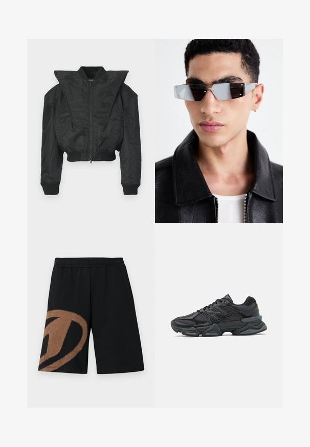 Svart bomberjacka med kort design, bred krage, ribbade muddar och blixtlåsförsedd sidoficka. Tillverkad av slät, lätt tyg.; Svart kortärmad T-shirt i bomull med rund halsringning och avslappnad passform. Slät textur med minimala sömnadsdetaljer.; Svarta shorts med elastisk midja, stora bruna abstrakta mönster på vänster ben och sidofickor.; Svart löparsko med en kombination av mesh och syntetiska material, kraftig sula, rundad design och framträdande varumärkning på sidan.; Vinklade gråtonade solglasögon med silverdetaljer, på en ljus bakgrund. Linserna har en unik geometrisk form.