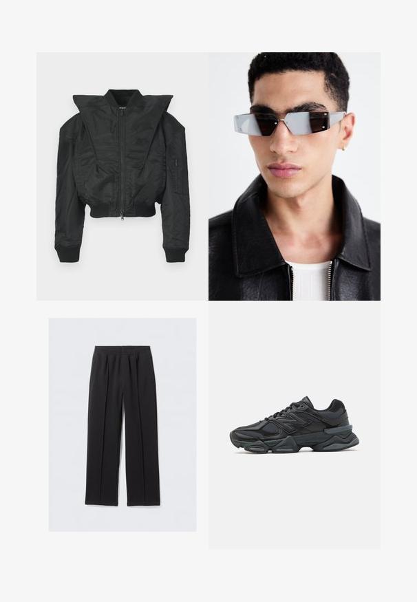 Zwarte bomberjas met een cropped ontwerp, brede kraag, geribbelde boorden en een ritssluiting aan de zijkant. Gemaakt van glad, lichtgewicht materiaal.; Zwarte T-shirt met korte mouwen, gemaakt van katoen, met een ronde halslijn en een ontspannen pasvorm. Gladde textuur met minimale stikdetails.; Zwarte, wijde broek gemaakt van gestructureerde stof met een elastische tailleband en twee zijzakken. Beschikt over voorplooien voor een gekleed uiterlijk.; Zwarte hardloopschoen met een mix van mesh en synthetische materialen, een stevige zool, gebogen ontwerp en prominente branding op de zijkant.; Hoekige, grijsgetinte zonnebril met zilveren accenten, tegen een lichte achtergrond. De lenzen hebben een unieke geometrische vorm.