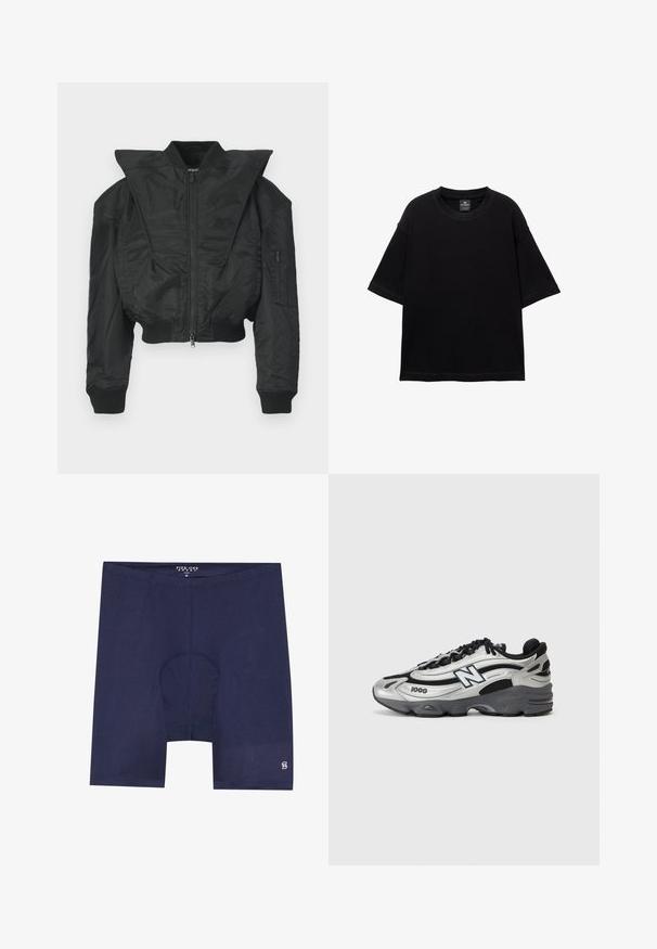 Fekete bombázó dzseki rövidített szabással, széles gallérral, bordázott mandzsettákkal és cipzáras oldalzsebbel. Simább, könnyű anyagból készült.; Fekete, rövid ujjú pamut póló, kerek nyakú és laza szabású. Simaság jellemzi, minimális varrási részletekkel.; Sötétkék sportnadrág sima, könnyű anyagból. Kontúrozott zsebével és egy kis logóval rendelkezik az alsó lábszárnál.; Ezüst és fekete sportcipők, hálós felsőrésszel, párnázott talppal, fűzős kialakítással és oldalsó márkázással.