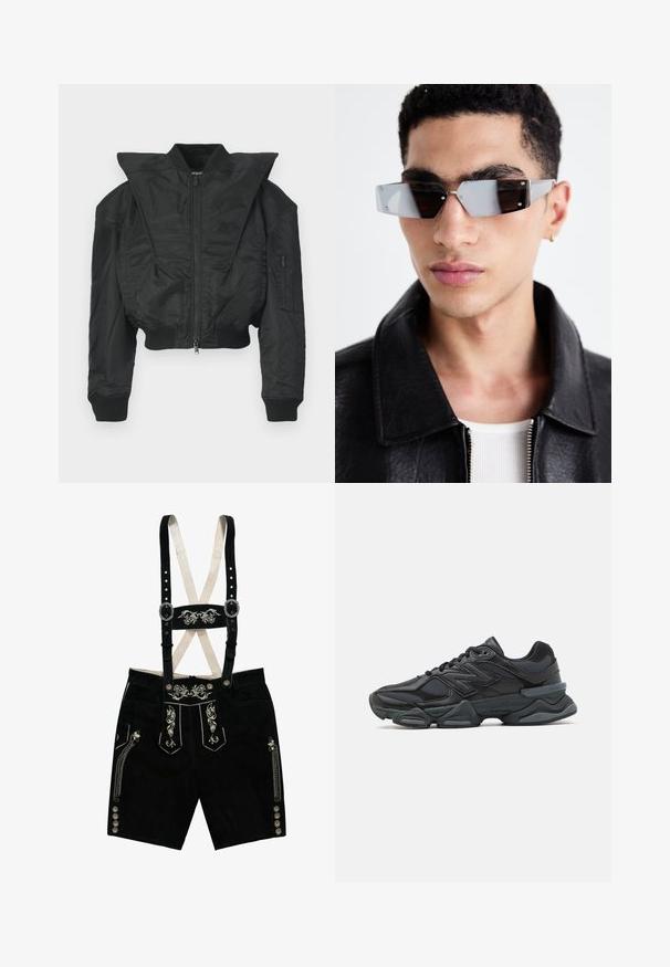 Černá bomber bunda s krátkým střihem, širokým límcem, žebrovanými manžetami a kapsou na zip na boku. Vyrobena z hladké, lehké tkaniny.; Černé tričko s krátkým rukávem vyrobené z bavlny, s kulatým výstřihem a volným střihem. Hladká textura s minimálními švy.; Černé semišové lederhosen s vyšívanými květinovými vzory, nastavitelné popruhy, stříbrné knoflíky a boční kapsy. Akcenty ve stříbrné nitě.; Černá běžecká bota s kombinací síťoviny a syntetických materiálů, masivní podešev, zakřivený design a výrazné logo na boku.; Avenované sluneční brýle se šedým nádechem a stříbrnými doplňky, umístěné na světlém pozadí. Skla mají jedinečný geometrický tvar.