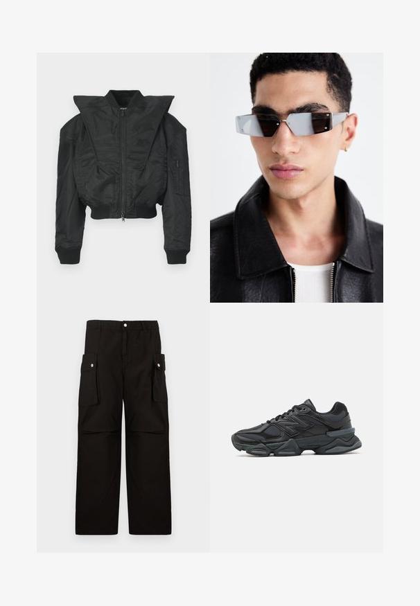 Črna bombažna jakna s krajšim krojem, širokim ovratnikom, rebrastimi manšetami in žepom na zadrgo na strani. Iz gladkega, lahkega blaga.; Črno kratko majico s kratkimi rokavi iz bombaža, z okroglo ovratnico in sproščenim krojem. Gladka tekstura z minimalnimi detajli šivanja.; Črne cargo hlače iz mehkega blaga, z elastičnim pasom, stranskimi žepi s poklopci in ohlapnim, ravnim krojem.; Črne tekaške superge, ki združujejo mrežaste in sintetične materiale, imajo debel podplat, ukrivljen oblikovni slog ter izrazito blagovno znamko na strani.; Angularne sončne očala s sivim tonom in srebrnim okovjem, postavljena na svetli podlagi. Leče imajo edinstveno geometrijsko obliko.