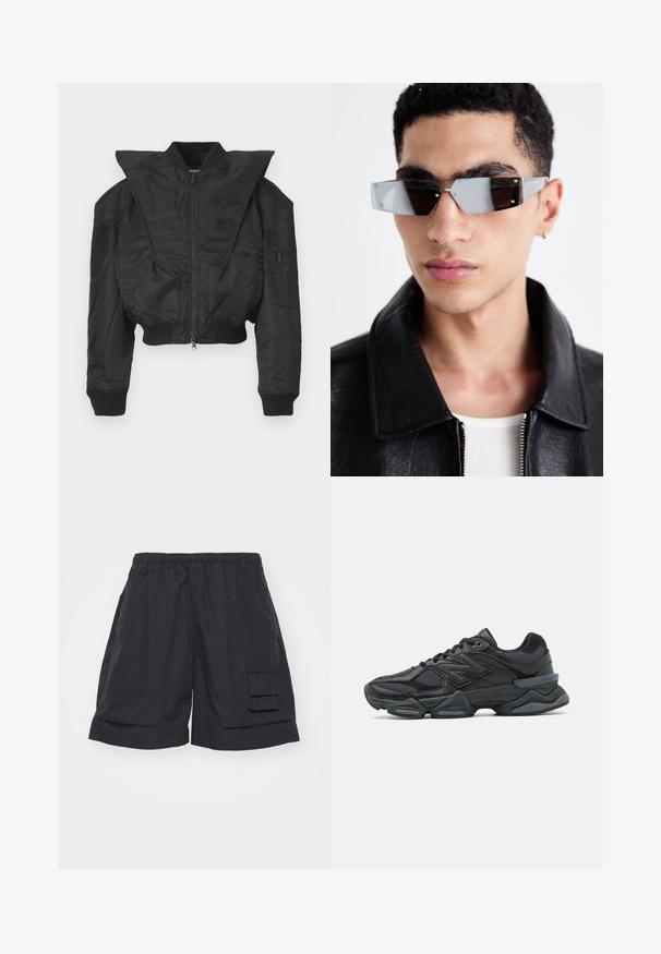 Črna bombažna jakna s krajšim krojem, širokim ovratnikom, rebrastimi manšetami in žepom na zadrgo na strani. Iz gladkega, lahkega blaga.; Črno kratko majico s kratkimi rokavi iz bombaža, z okroglo ovratnico in sproščenim krojem. Gladka tekstura z minimalnimi detajli šivanja.; Črne cargo kratke hlače z elastičnim pasom, ki imajo stranski žep in ohlapen kroj. Narejene iz lahkotnega materiala z gladko teksturo.; Črne tekaške superge, ki združujejo mrežaste in sintetične materiale, imajo debel podplat, ukrivljen oblikovni slog ter izrazito blagovno znamko na strani.; Angularne sončne očala s sivim tonom in srebrnim okovjem, postavljena na svetli podlagi. Leče imajo edinstveno geometrijsko obliko.