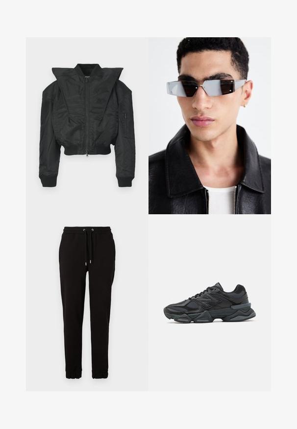 Fekete bombázó dzseki rövidített szabással, széles gallérral, bordázott mandzsettákkal és cipzáras oldalzsebbel. Simább, könnyű anyagból készült.; Fekete, rövid ujjú pamut póló, kerek nyakú és laza szabású. Simaság jellemzi, minimális varrási részletekkel.; Fekete, puha anyagból készült melegítőnadrág, rugalmas derékkal, zsinórral, oldalsó zsebekkel és húzott mandzsettával a bokánál.; Fekete futócipő, mely háló és szintetikus anyagok keverékéből készült, vastag talppal, ívelt kialakítással és hangsúlyos logóval az oldalon.; Szögletes, szürke árnyalatú napszemüveg ezüst díszítéssel, világos háttér előtt. A lencsék egyedi geometrikus formával rendelkeznek.