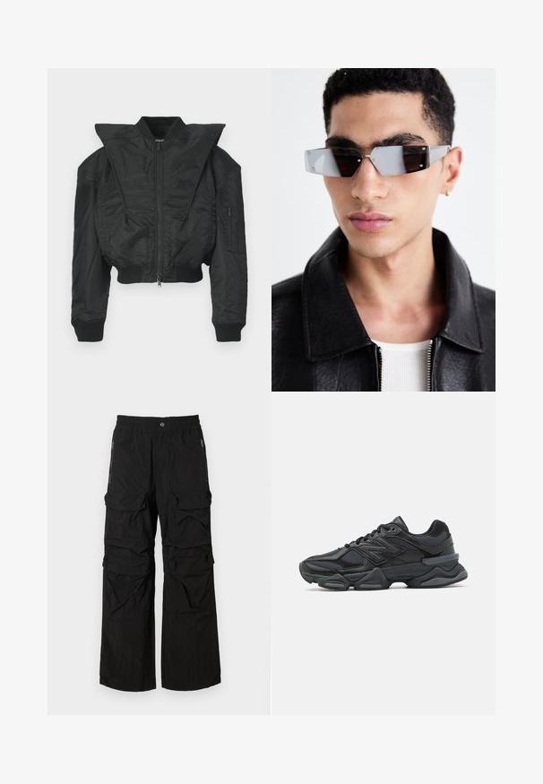 Črna bombažna jakna s krajšim krojem, širokim ovratnikom, rebrastimi manšetami in žepom na zadrgo na strani. Iz gladkega, lahkega blaga.; Črno kratko majico s kratkimi rokavi iz bombaža, z okroglo ovratnico in sproščenim krojem. Gladka tekstura z minimalnimi detajli šivanja.; Črne cargo hlače z elastičnim pasom, številnimi velikimi žepi in žepi na straneh z zadrgo. Narejene iz lahkega, strukturiranega materiala.; Črne tekaške superge, ki združujejo mrežaste in sintetične materiale, imajo debel podplat, ukrivljen oblikovni slog ter izrazito blagovno znamko na strani.; Angularne sončne očala s sivim tonom in srebrnim okovjem, postavljena na svetli podlagi. Leče imajo edinstveno geometrijsko obliko.