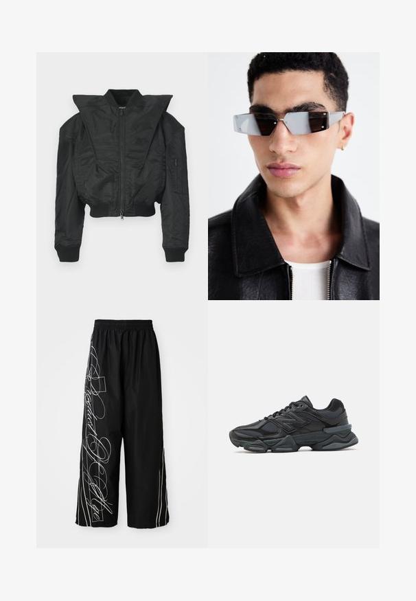Crna bomber jakna s krojenim dizajnom, širokim ovratnikom, rebrastim manžetama i bočnim džepom sa zatvaračem. Izrađena od glatkog, laganog materijala.; Crna kratka majica s kratkim rukavima od pamuka, s okruglim izrezom i ležernim krojem. Glatka tekstura s minimalnim detaljima šivanja.; Crne široke, skraćene hlače od laganog materijala. Imaju bijele izvezene uzorke i akcentne detalje koji se protežu niz strane. Elastična linija struka.; Crne trkačke tenisice izrađene od kombinacije mrežastih i sintetičkih materijala, s debelim potplatom, zakrivljenim dizajnom i istaknutim brendom sa strane.; Angular sunčane naočale sivo-smeškanih tonova sa srebrnim detaljima, postavljene na svijetloj pozadini. Stakla imaju jedinstven geometrijski oblik.