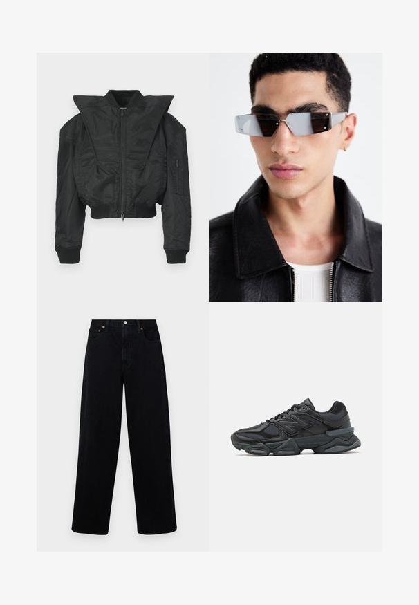 Svart bomberjacka med kort design, bred krage, ribbade muddar och blixtlåsförsedd sidoficka. Tillverkad av slät, lätt tyg.; Svart kortärmad T-shirt i bomull med rund halsringning och avslappnad passform. Slät textur med minimala sömnadsdetaljer.; Abercrombie & Fitch Baggy jeans - black; Svart löparsko med en kombination av mesh och syntetiska material, kraftig sula, rundad design och framträdande varumärkning på sidan.; Vinklade gråtonade solglasögon med silverdetaljer, på en ljus bakgrund. Linserna har en unik geometrisk form.