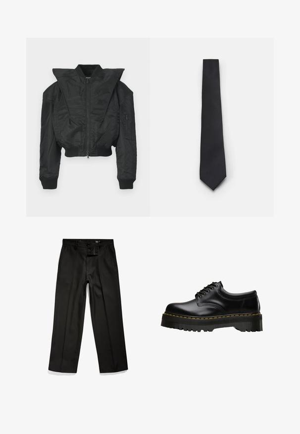 Černá bomber bunda s krátkým střihem, širokým límcem, žebrovanými manžetami a kapsou na zip na boku. Vyrobena z hladké, lehké tkaniny.; Černé tričko s krátkým rukávem vyrobené z bavlny, s kulatým výstřihem a volným střihem. Hladká textura s minimálními švy.; Černé kalhoty vyrobené z hladkého materiálu. S rovnými nohavicemi, zapínáním na knoflík a poutky na opasek. Minimalistický styl bez viditelných vzorů.; Černé kožené šněrovací boty s tlustou, zoubkovanou černou gumovou podrážkou a žlutým prošíváním podél okraje, s hladkým povrchem.; Úzká černá kravata s texturovaným, diagonálním žebrováním. Má špičatý konec a hladký povrch. Vhodná pro formální nošení.