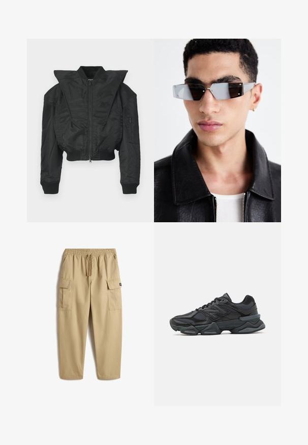 Schwarze Bomberjacke mit kurzem Schnitt, weitem Kragen, gerippten Bündchen und seitlicher Reißverschlusstasche. Hergestellt aus glattem, leichtem Stoff.; Schwarzes T-Shirt mit kurzen Ärmeln aus Baumwolle, mit Rundhalsausschnitt und lockerer Passform. Glatte Textur mit minimalen Nähten.; Beige Cargo-Hosen mit elastischem Bund und Kordelzug. Mit zwei seitlichen Taschen und zwei großen Cargo-Taschen auf den Oberschenkeln. Glatter Stoff.; Schwarzer Laufschuh mit einer Mischung aus Mesh- und sinthetischen Materialien, dicke Sohle, geschwungenes Design und auffälliger Markenkennzeichnung an der Seite.; Eckige, grau getönte Sonnenbrillen mit silberner Hardware, vor einem hellen Hintergrund. Die Gläser weisen eine einzigartige geometrische Form auf.