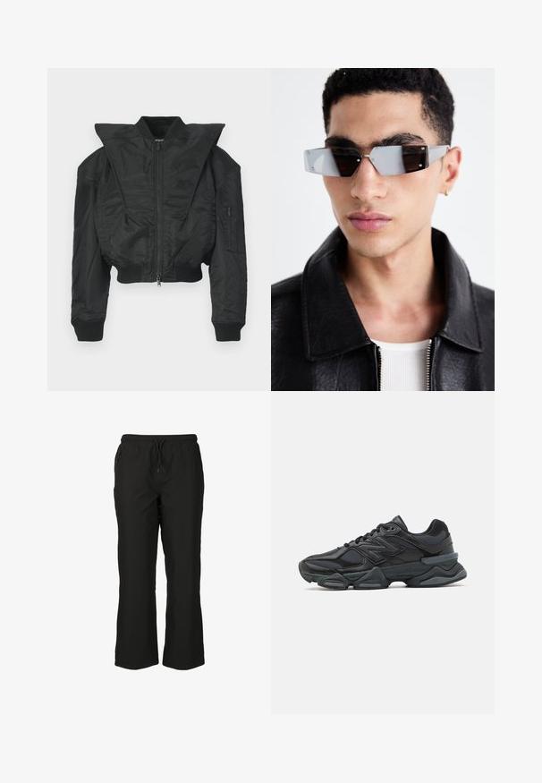 Czarna kurtka bomberka o skróconym kroju, szerokim kołnierzu, ściągaczowych mankietach i zapinana na zamek kieszeń boczna. Wykonana z gładkiej, lekkiej tkaniny.; Czarny T-shirt z krótkim rękawem wykonany z bawełny, z okrągłym dekoltem i luźnym krojem. Gładka faktura z minimalnymi detalami przeszycia.; Czarne spodnie outdoorowe z elastycznym paskiem w talii, prostym krojem nogawki i dwoma bocznymi kieszeniami. Wykonane z lekkiego, oddychającego materiału.; Czarne buty biegowe z mieszanką siateczki i materiałów syntetycznych, masywną podeszwą, opływowym kształtem oraz wyraźnym brandingiem z boku.; Kątowe, szare okulary przeciwsłoneczne z metalowymi elementami w kolorze srebrnym, na jasnym tle. Soczewki mają unikalny, geometryczny kształt.