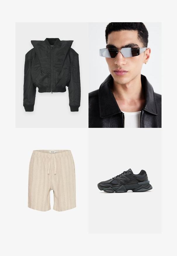 Veste bomber noire au design court, col large, poignets côtelés et poche zippée sur le côté. Fabriquée en tissu lisse et léger.; T-shirt noir à manches courtes en coton, avec un col rond et une coupe décontractée. Texture lisse avec des détails de couture minimalistes.; Shorts en coton beige avec des rayures verticales, taille élastique, cordon de serrage et poches latérales. Texture douce et design décontracté.; Chaussure de course noire mettant en avant un mélange de mesh et de matériaux synthétiques, avec une semelle épaisse, un design arrondi et un logo bien visible sur le côté.; Lunettes de soleil grises angulaires avec des détails en argent, sur un fond clair. Les verres présentent une forme géométrique unique.