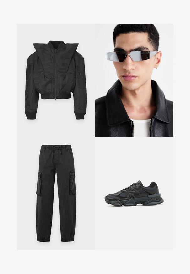 Zwarte bomberjas met een cropped ontwerp, brede kraag, geribbelde boorden en een ritssluiting aan de zijkant. Gemaakt van glad, lichtgewicht materiaal.; Zwarte T-shirt met korte mouwen, gemaakt van katoen, met een ronde halslijn en een ontspannen pasvorm. Gladde textuur met minimale stikdetails.; Zwarte cargobroek van textuurstof met een elastische tailleband en trekkoord. Voorzien van zijzakken en elastische boorden bij de enkels.; Zwarte hardloopschoen met een mix van mesh en synthetische materialen, een stevige zool, gebogen ontwerp en prominente branding op de zijkant.; Hoekige, grijsgetinte zonnebril met zilveren accenten, tegen een lichte achtergrond. De lenzen hebben een unieke geometrische vorm.