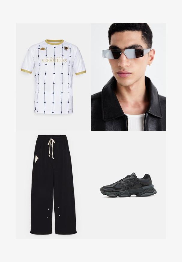 Must bomberjakk lühem mudel, lai krae, soonikkoes mansetid ja lukuga küljetasku. Valmistatud siledast, kergest kangast.; Valge särk, millel on tumesinised teemantmustrid, kuldsed detailid ja "Football Club de VERSAILLES" kuldsete tähtedega. Lühikesed varrukad ja ümmargune kaelus.; Mustad laiad püksid pehmest kangast, millega kaasneb paelaga vöökoht, küljetaskud ja kolmnurkne aksenttasku. Hõbedased detailid on lisatud.; Mustad mustus jooksukeng, mis sisaldab segu võrgust ja sünteetilisest materjalist, jäme talla, kaarduv disain ja silmapaistev bränding külgedel.; Angular hallikatega tumedad prillid hõbedaste detailidega, heleda tausta ees. Prilliklaasid omavad ainulaadset geomeetrilist kuju.