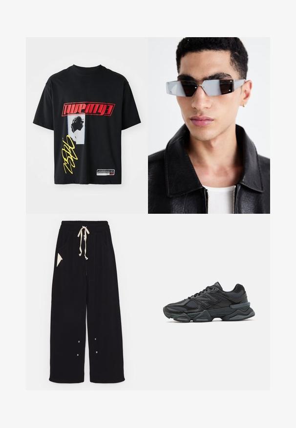 Melna bombers žaka ar īsu dizainu, platu apkakli, ribotiem manžetiem un sānu kabatu ar rāvējslēdzēju. Izgatavota no gludas, vieglas auduma.; Melna kokvilnas T-krekls ar izteiksmīgām sarkanām un dzeltenām grafikām, siluetu dizainu un logo uzšuvumu apakšmalā. Standarta apaļā kakla stila.; Melni plati bikses, izgatavotas no mīksta auduma, ar aukliņu viduklī, sānu kabatām un trīsstūrveida akcenta kabatu. Iekļautas sudraba detaļas.; Melna skriešanas apavi ar jauktu acu audumu un sintētiskiem materiāliem, masīvu zoli, izliekta dizaina elementiem un izteiktu zīmola logotipu uz sāniem.; Stūrainas pelēkā toņa saulesbrilles ar sudraba detaļām, novietotas uz gaiša fona. Lēcas ir ar unikālu ģeometrisku formu.