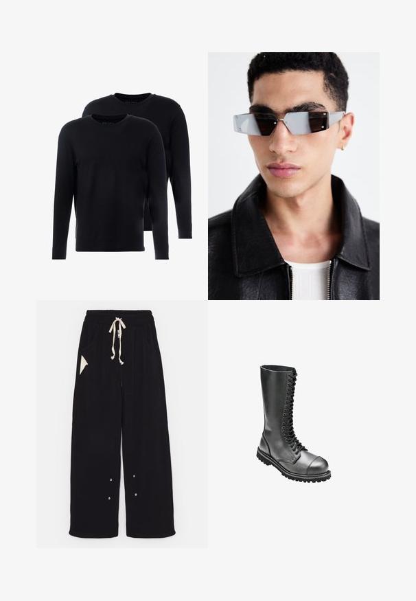 Čierna bomber bunda s krátkym strihom, širokým golierom, rebrovanými manžetami a zipsovou bočnou vreckom. Vyrobená z hladkej, ľahkej látky.; Čierne tričká s dlhým rukávom vyrobené z jemnej bavlny. Okrúhly výstrih, minimalistický dizajn a štandardný strih. Dve tričká v balení.; Čierne široké nohavice vyrobené z mäkkej látky s elastickým pásom, bočnými vreckami a trojuholníkovým akcentom. Obsahuje detaily zo strieborného kovu.; Čierne kožené šnurovacie bojové topánky s vysokým zvrškom, okrúhlou špičkou, polstrovaným golierom a štruktúrovanou gumenou podrážkou pre lepšiu priľnavosť.; Uhly šedé slnečné okuliare s striebornými prvkami na svetlom pozadí. Šošovky majú jedinečný geometrický tvar.