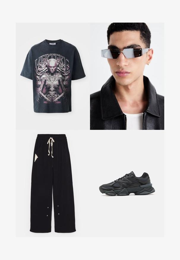 Must bomberjakk lühem mudel, lai krae, soonikkoes mansetid ja lukuga küljetasku. Valmistatud siledast, kergest kangast.; Must mustvalge graafiline T-särk, mis on valmistatud puuvillast, esitleb suurt roosa ja valget kujundust inimsarnase figuuriga, millel on keerukad detailid ja tekst "VERTERE."; Mustad laiad püksid pehmest kangast, millega kaasneb paelaga vöökoht, küljetaskud ja kolmnurkne aksenttasku. Hõbedased detailid on lisatud.; Mustad mustus jooksukeng, mis sisaldab segu võrgust ja sünteetilisest materjalist, jäme talla, kaarduv disain ja silmapaistev bränding külgedel.; Angular hallikatega tumedad prillid hõbedaste detailidega, heleda tausta ees. Prilliklaasid omavad ainulaadset geomeetrilist kuju.