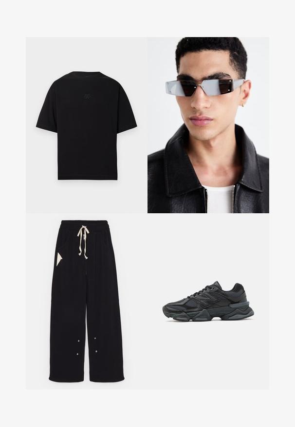 Black bomber jacket with a cropped design, wide collar, ribbed cuffs, and zippered side pocket. Made of smooth, lightweight fabric.; Black short-sleeve t-shirt made of cotton. Features a crew neck and a subtle embroidered logo on the chest. Smooth texture.; Black wide-leg pants made of soft fabric featuring a drawstring waist, side pockets, and a triangular accent pocket. Silver hardware details included.; Black running shoe featuring a mix of mesh and synthetic materials, chunky sole, curved design, and prominent branding on the side.; Angular gray-tinted sunglasses with silver hardware, set against a light background. The lenses feature a unique geometric shape.