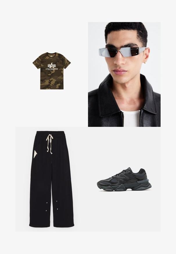 Melna bombers žaka ar īsu dizainu, platu apkakli, ribotiem manžetiem un sānu kabatu ar rāvējslēdzēju. Izgatavota no gludas, vieglas auduma.; Kāpostu raksta T-krekls zaļos un brūnos toņos, ar baltu "ALPHA INDUSTRIES" logo. Izgatavots no mīksta auduma, ar īsām piedurknēm.; Melni plati bikses, izgatavotas no mīksta auduma, ar aukliņu viduklī, sānu kabatām un trīsstūrveida akcenta kabatu. Iekļautas sudraba detaļas.; Melna skriešanas apavi ar jauktu acu audumu un sintētiskiem materiāliem, masīvu zoli, izliekta dizaina elementiem un izteiktu zīmola logotipu uz sāniem.; Stūrainas pelēkā toņa saulesbrilles ar sudraba detaļām, novietotas uz gaiša fona. Lēcas ir ar unikālu ģeometrisku formu.