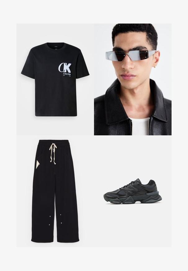 Schwarze Bomberjacke mit kurzem Schnitt, weitem Kragen, gerippten Bündchen und seitlicher Reißverschlusstasche. Hergestellt aus glattem, leichtem Stoff.; Schwarzes Baumwoll-T-Shirt mit kurzen Ärmeln und Rundhalsausschnitt, versehen mit einem weißen "CK"-Logo auf der linken Brust. Glatte Textur, gerader Saum.; Schwarze weite Hose aus weichem Stoff mit einem Tunnelzugbund, Seitentaschen und einer dreieckigen Akzenttasche. Silberne Hardware-Details sind enthalten.; Schwarzer Laufschuh mit einer Mischung aus Mesh- und sinthetischen Materialien, dicke Sohle, geschwungenes Design und auffälliger Markenkennzeichnung an der Seite.; Eckige, grau getönte Sonnenbrillen mit silberner Hardware, vor einem hellen Hintergrund. Die Gläser weisen eine einzigartige geometrische Form auf.