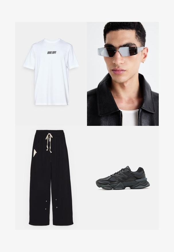 Mustapukuinen bomber-takki, jossa on lyhyt leikkaus, leveä kaulus, resorit hihansuissa ja vetoketjullinen sivutasku. Valmistettu sileästä, kevyestä kankaasta.; Valkoinen puuvillapaita lyhyillä hihoilla ja pyöreällä pääntiellä, etuosassa musta teksti "RIDING HOOPS" painettuna.; Mustat leveälahkeiset housut pehmeästä kankaasta, joissa on naru vyötäröllä, sivutaskut ja kolmionmuotoinen korostustasku. Mukana hopeiset yksityiskohdat.; Musta juoksukenkä, jossa on yhdistelmä verkko- ja synteettisiä materiaaleja, paksu pohja, kaareva muotoilu ja näkyvä brändäys sivussa.; Kuluneet harmaan sävyiset aurinkolasit, joissa on hopeiset yksityiskohdat, vaaleaa taustaa vasten. Linssit ovat ainutlaatuisen geometrisen muotoiset.